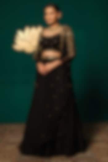 Black Chinon Cutdana Handwork Jacket Wedding Lehenga Set by Niloufer by Aasif Ally at Pernia's Pop Up Shop