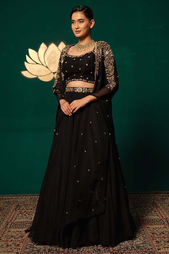 Black Chinon Cutdana Handwork Jacket Wedding Lehenga Set by Niloufer by Aasif Ally at Pernia's Pop Up Shop