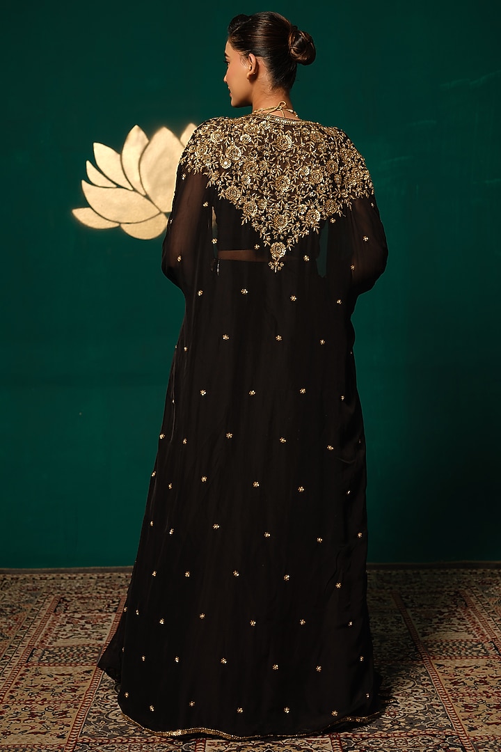 Black Chinon Cutdana Handwork Jacket Wedding Lehenga Set by Niloufer by Aasif Ally at Pernia's Pop Up Shop