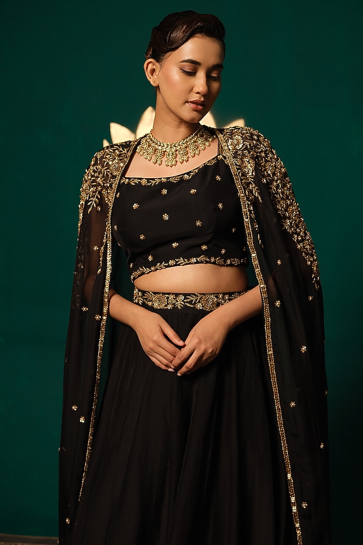 Black Chinon Cutdana Handwork Jacket Wedding Lehenga Set by Niloufer by Aasif Ally at Pernia's Pop Up Shop