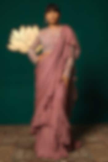 Onion Pink Chinon Embroidered Ready-To-Wear Wedding Saree Set by Niloufer by Aasif Ally at Pernia's Pop Up Shop