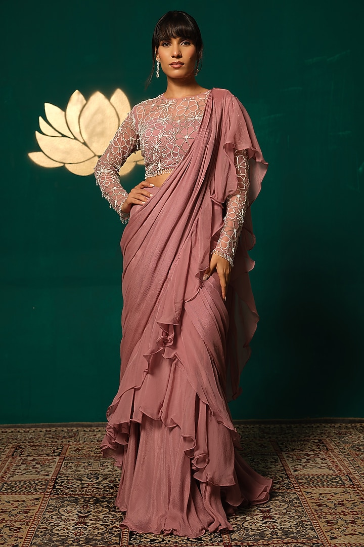Onion Pink Chinon Embroidered Ready-To-Wear Wedding Saree Set by Niloufer by Aasif Ally at Pernia's Pop Up Shop