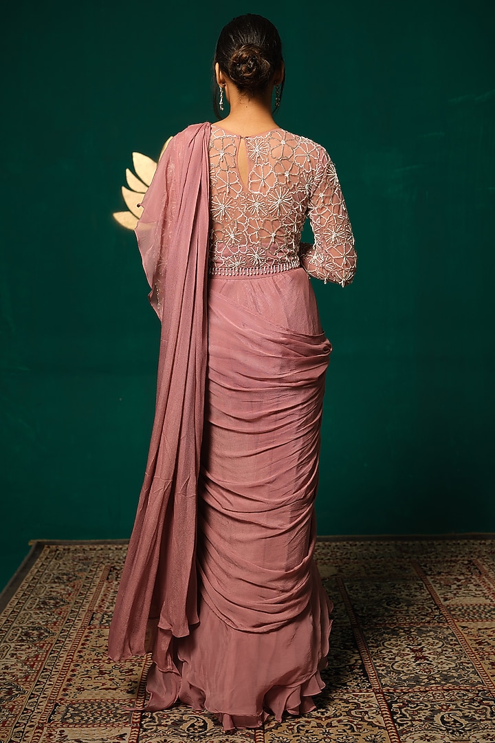 Onion Pink Chinon Embroidered Ready-To-Wear Wedding Saree Set by Niloufer by Aasif Ally at Pernia's Pop Up Shop