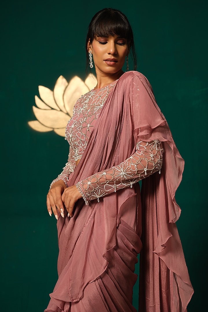 Onion Pink Chinon Embroidered Ready-To-Wear Wedding Saree Set by Niloufer by Aasif Ally at Pernia's Pop Up Shop