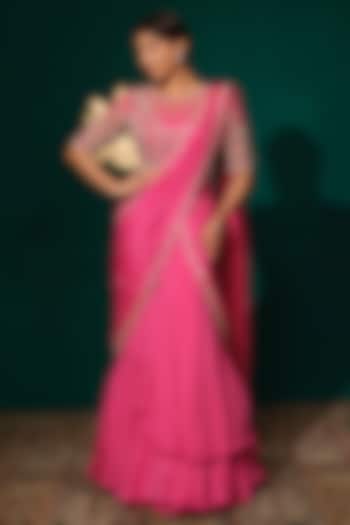 Pink Chinon Cutdana Handwork Ready-To-Wear Wedding Saree Set by Niloufer by Aasif Ally at Pernia's Pop Up Shop