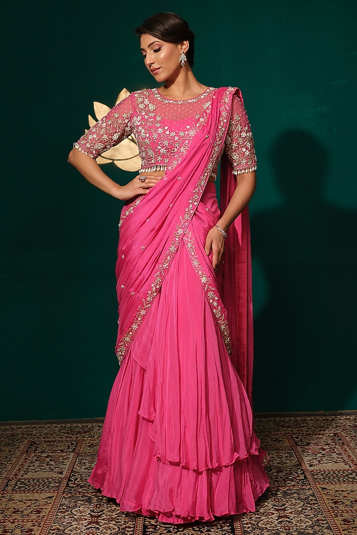 Pink Chinon Cutdana Handwork Ready-To-Wear Wedding Saree Set by Niloufer by Aasif Ally at Pernia's Pop Up Shop