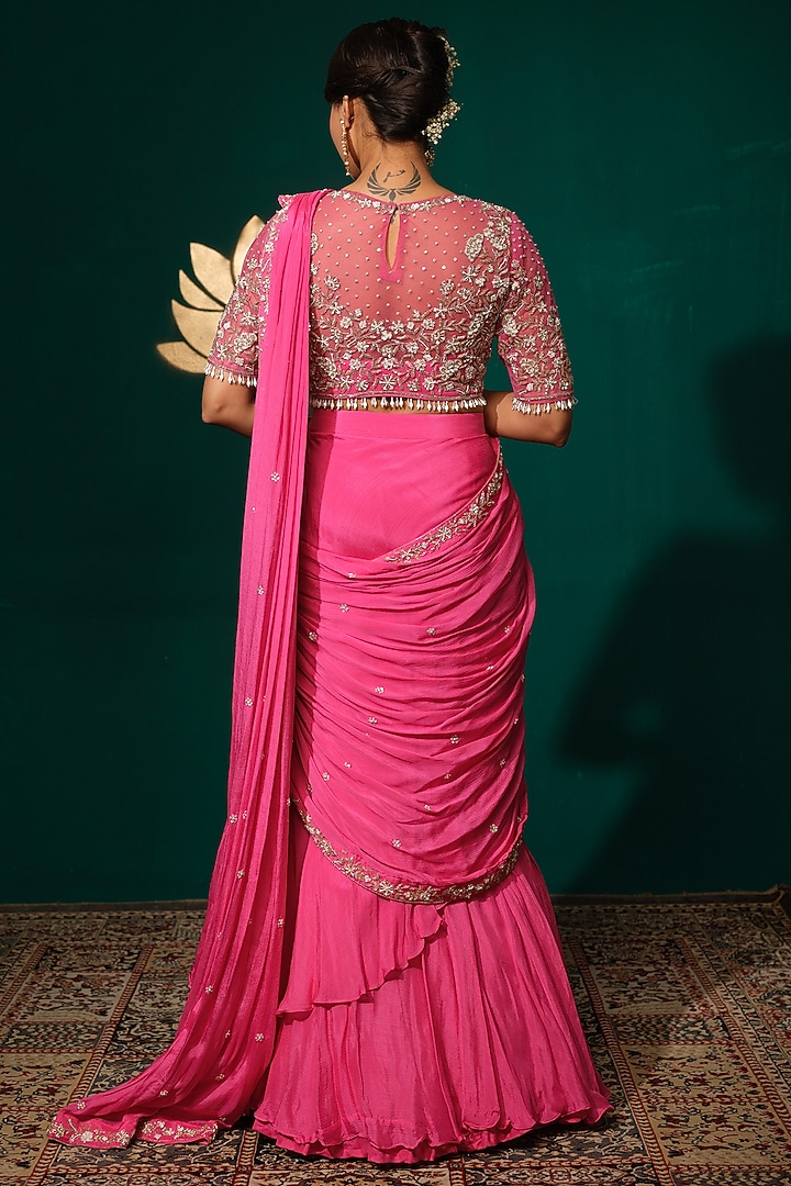 Pink Chinon Cutdana Handwork Ready-To-Wear Wedding Saree Set by Niloufer by Aasif Ally at Pernia's Pop Up Shop