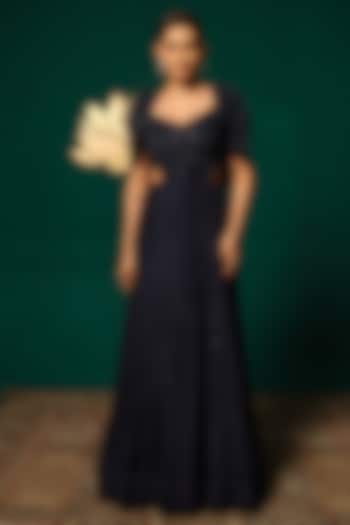 Navy Blue Chinnon Beadwork Engagement Gown With Cape by Niloufer by Aasif Ally at Pernia's Pop Up Shop