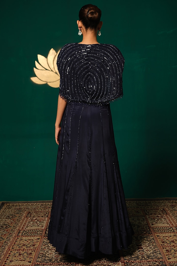 Navy Blue Chinnon Beadwork Engagement Gown With Cape by Niloufer by Aasif Ally at Pernia's Pop Up Shop