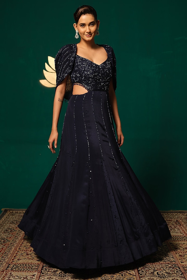 Navy Blue Chinnon Beadwork Engagement Gown With Cape by Niloufer by Aasif Ally at Pernia's Pop Up Shop