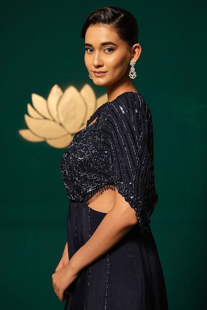 Navy Blue Chinnon Beadwork Engagement Gown With Cape by Niloufer by Aasif Ally at Pernia's Pop Up Shop
