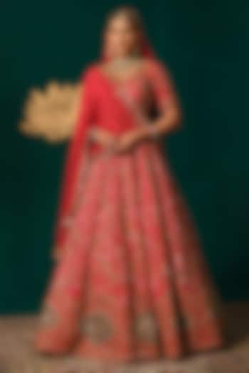 Red Silk Zardosi Hand Embellished Bridal Lehenga Set by Niloufer by Aasif Ally at Pernia's Pop Up Shop
