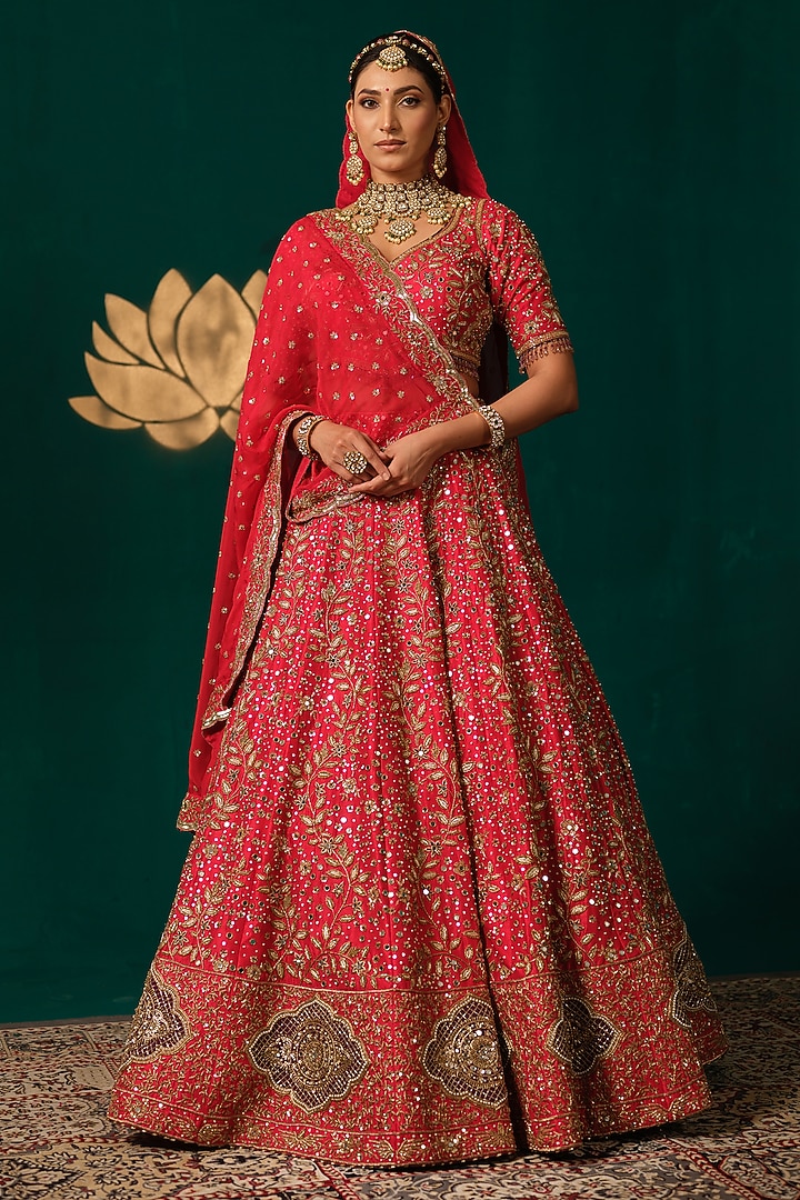 Red Silk Zardosi Hand Embellished Bridal Lehenga Set by Niloufer by Aasif Ally at Pernia's Pop Up Shop