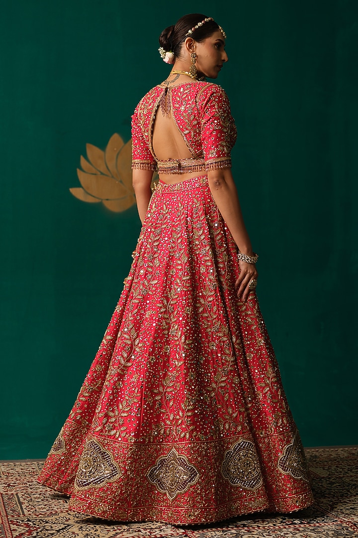 Red Silk Zardosi Hand Embellished Bridal Lehenga Set by Niloufer by Aasif Ally at Pernia's Pop Up Shop