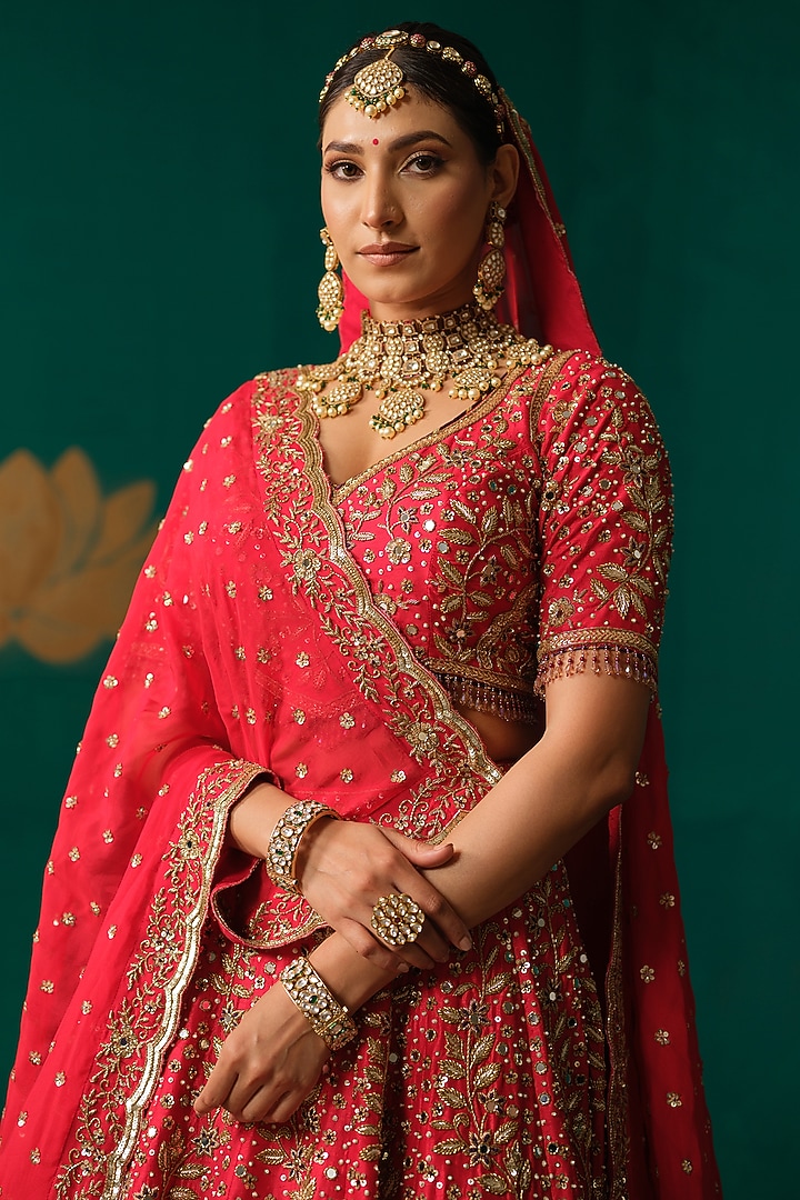 Red Silk Zardosi Hand Embellished Bridal Lehenga Set by Niloufer by Aasif Ally at Pernia's Pop Up Shop
