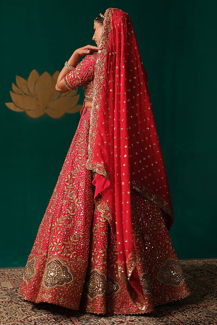 Red Silk Zardosi Hand Embellished Bridal Lehenga Set by Niloufer by Aasif Ally at Pernia's Pop Up Shop