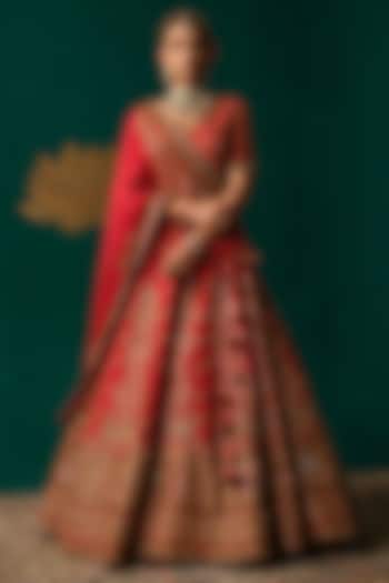 Red Silk Sequins & Zardosi Hand Embroidered Bridal Lehenga Set by Niloufer by Aasif Ally at Pernia's Pop Up Shop
