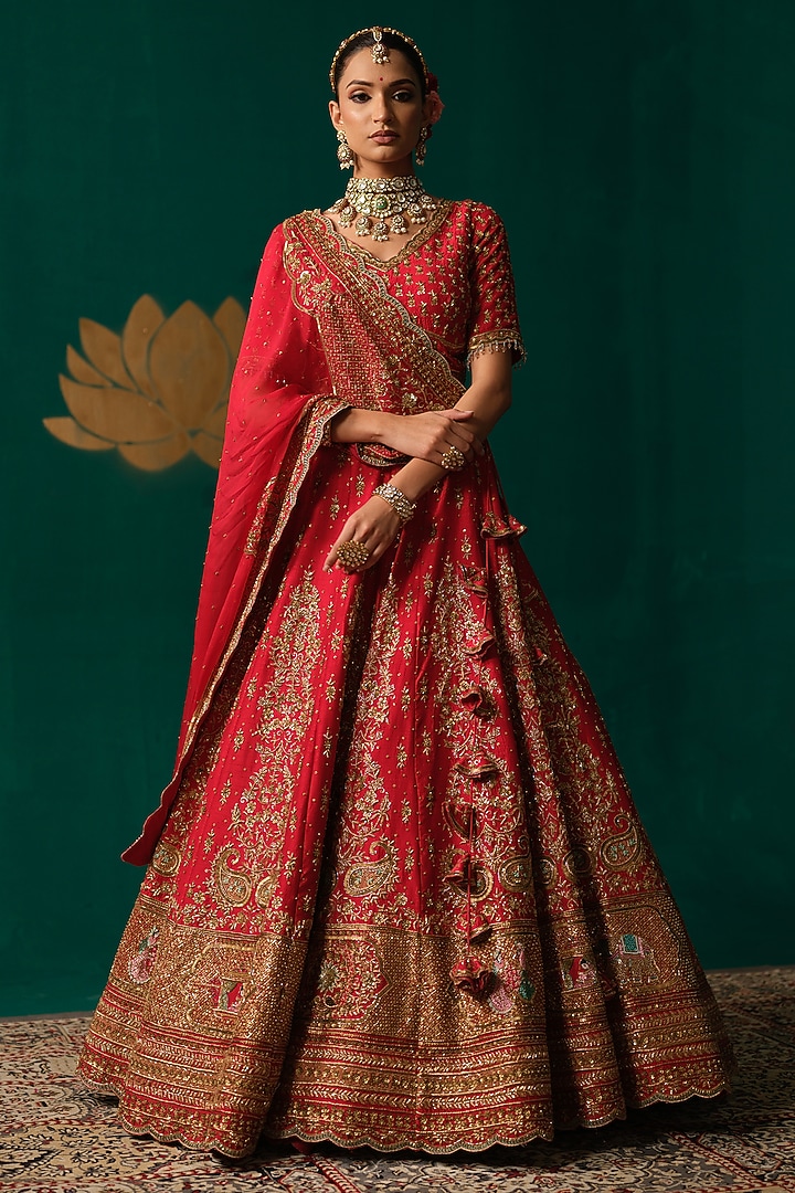 Red Silk Sequins & Zardosi Hand Embroidered Bridal Lehenga Set by Niloufer by Aasif Ally at Pernia's Pop Up Shop