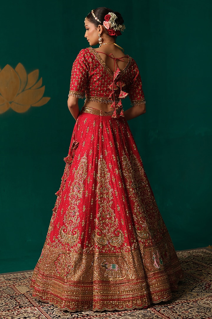 Red Silk Sequins & Zardosi Hand Embroidered Bridal Lehenga Set by Niloufer by Aasif Ally at Pernia's Pop Up Shop