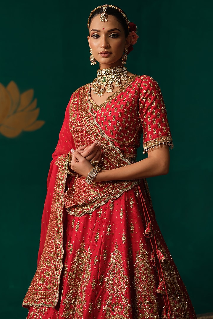 Red Silk Sequins & Zardosi Hand Embroidered Bridal Lehenga Set by Niloufer by Aasif Ally at Pernia's Pop Up Shop