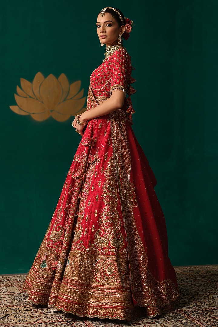 Red Silk Sequins & Zardosi Hand Embroidered Bridal Lehenga Set by Niloufer by Aasif Ally at Pernia's Pop Up Shop