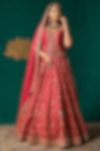 Red Silk Cutdana Hand Embellished Bridal Lehenga Set by Niloufer by Aasif Ally at Pernia's Pop Up Shop