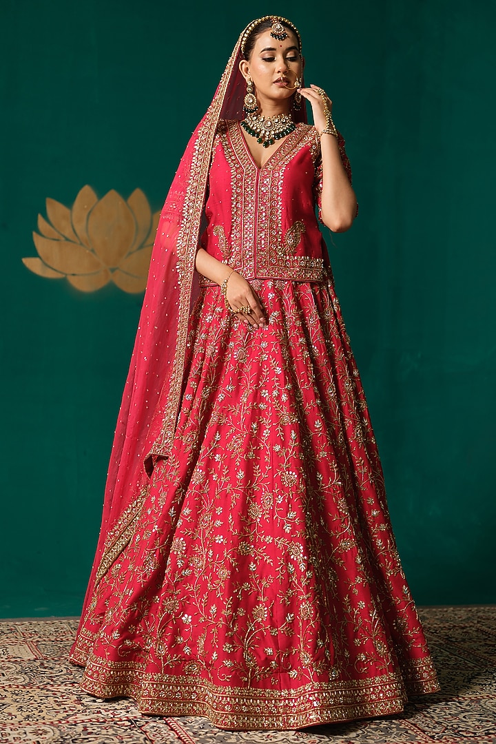 Red Silk Cutdana Hand Embellished Bridal Lehenga Set by Niloufer by Aasif Ally at Pernia's Pop Up Shop