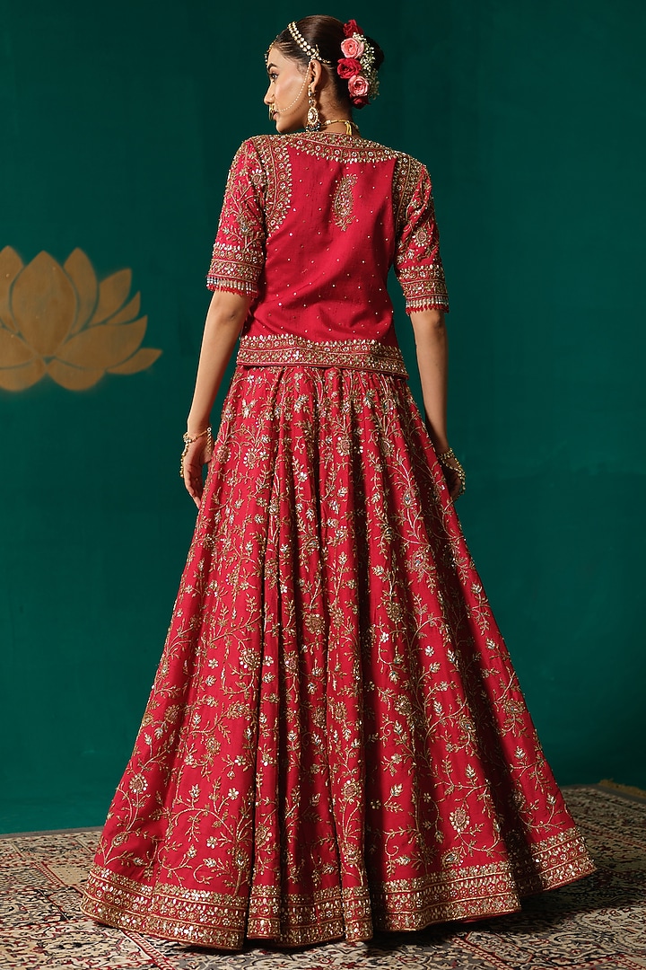 Red Silk Cutdana Hand Embellished Bridal Lehenga Set by Niloufer by Aasif Ally at Pernia's Pop Up Shop