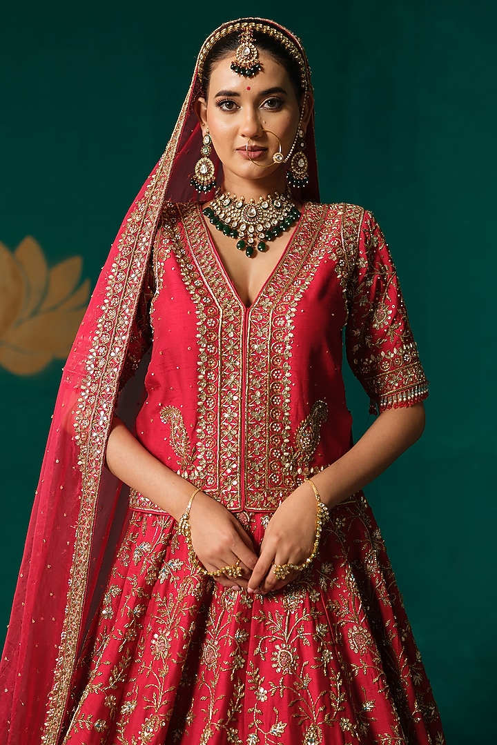 Red Silk Cutdana Hand Embellished Bridal Lehenga Set by Niloufer by Aasif Ally at Pernia's Pop Up Shop