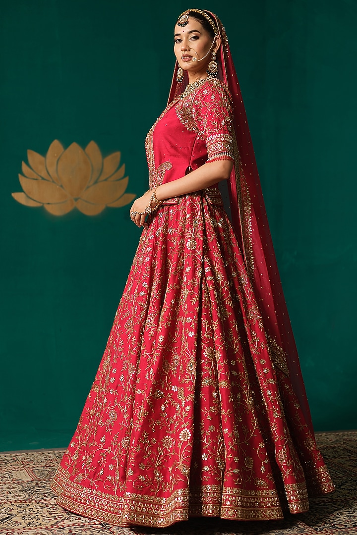 Red Silk Cutdana Hand Embellished Bridal Lehenga Set by Niloufer by Aasif Ally at Pernia's Pop Up Shop