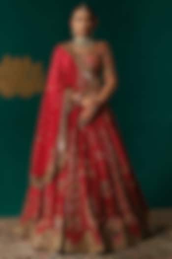 Red Silk Zardosi & Cutdana Hand Embellished Bridal Lehenga Set by Niloufer by Aasif Ally at Pernia's Pop Up Shop
