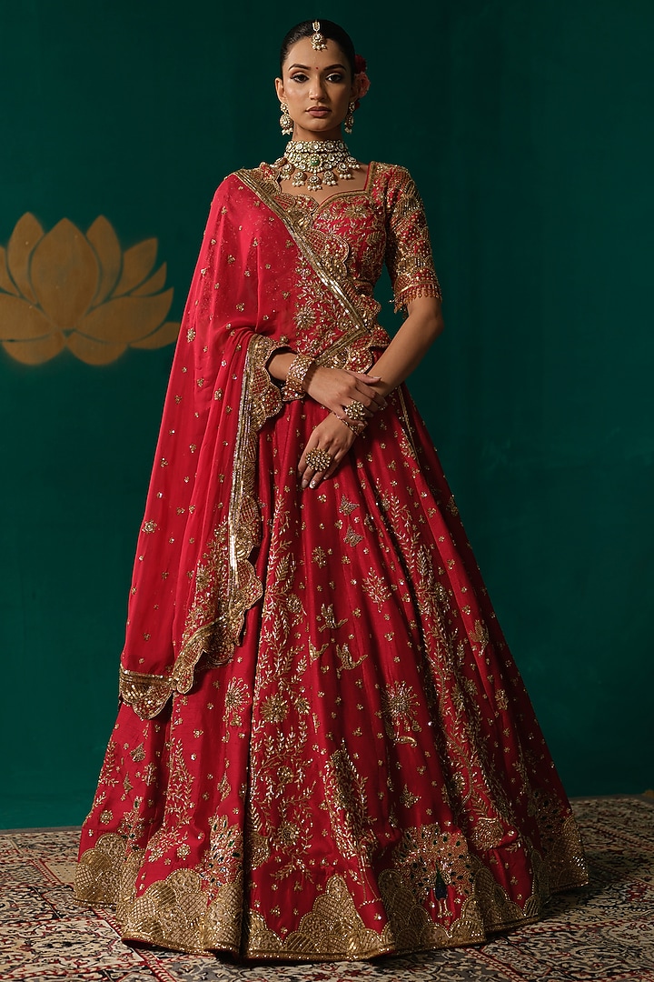 Red Silk Zardosi & Cutdana Hand Embellished Bridal Lehenga Set by Niloufer by Aasif Ally at Pernia's Pop Up Shop
