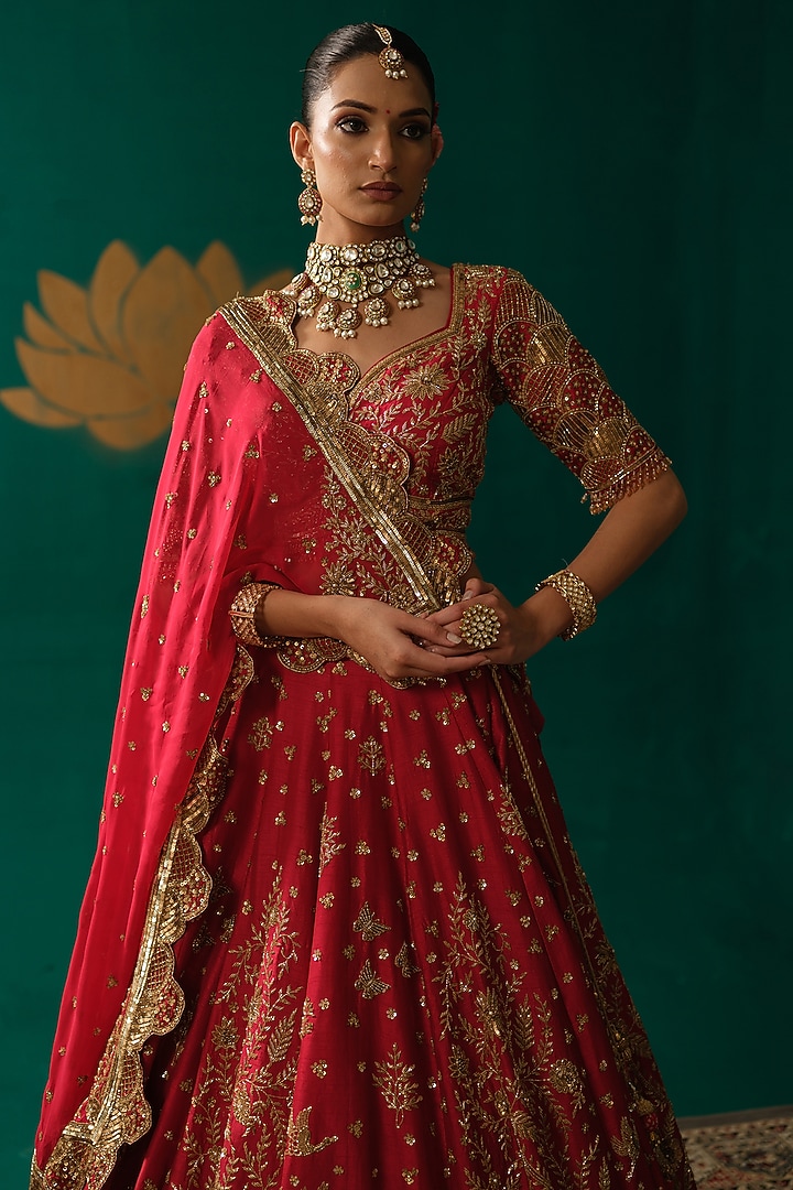 Red Silk Zardosi & Cutdana Hand Embellished Bridal Lehenga Set by Niloufer by Aasif Ally at Pernia's Pop Up Shop