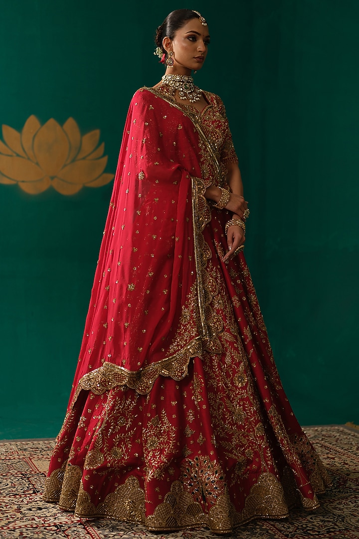 Red Silk Zardosi & Cutdana Hand Embellished Bridal Lehenga Set by Niloufer by Aasif Ally at Pernia's Pop Up Shop