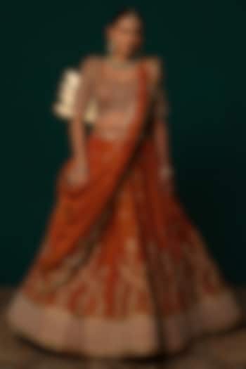 Orange Shimmer Tissue Zardosi & Sequin Embellished Bridal Lehenga Set by Niloufer by Aasif Ally at Pernia's Pop Up Shop