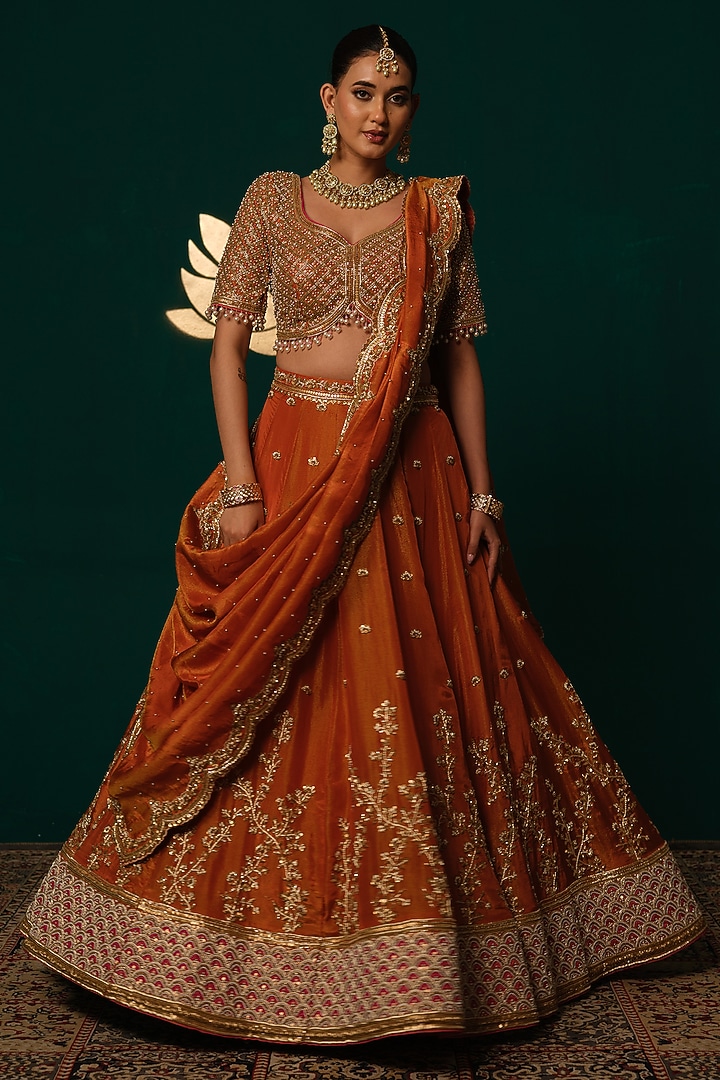 Orange Shimmer Tissue Zardosi & Sequin Embellished Bridal Lehenga Set by Niloufer by Aasif Ally at Pernia's Pop Up Shop