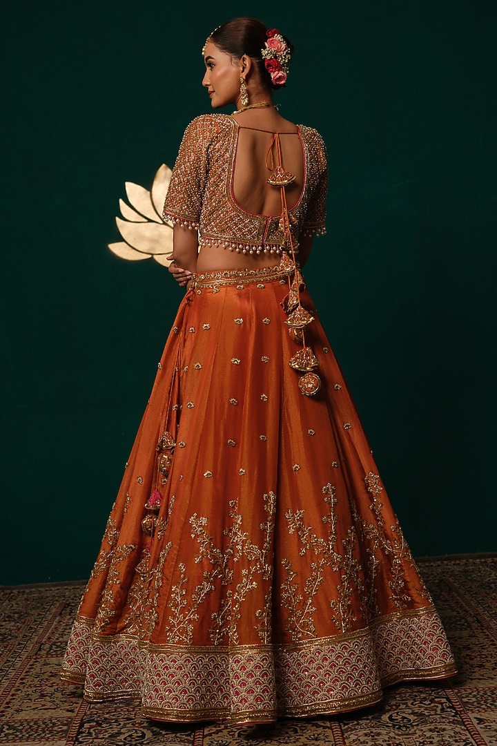 Orange Shimmer Tissue Zardosi & Sequin Embellished Bridal Lehenga Set by Niloufer by Aasif Ally at Pernia's Pop Up Shop