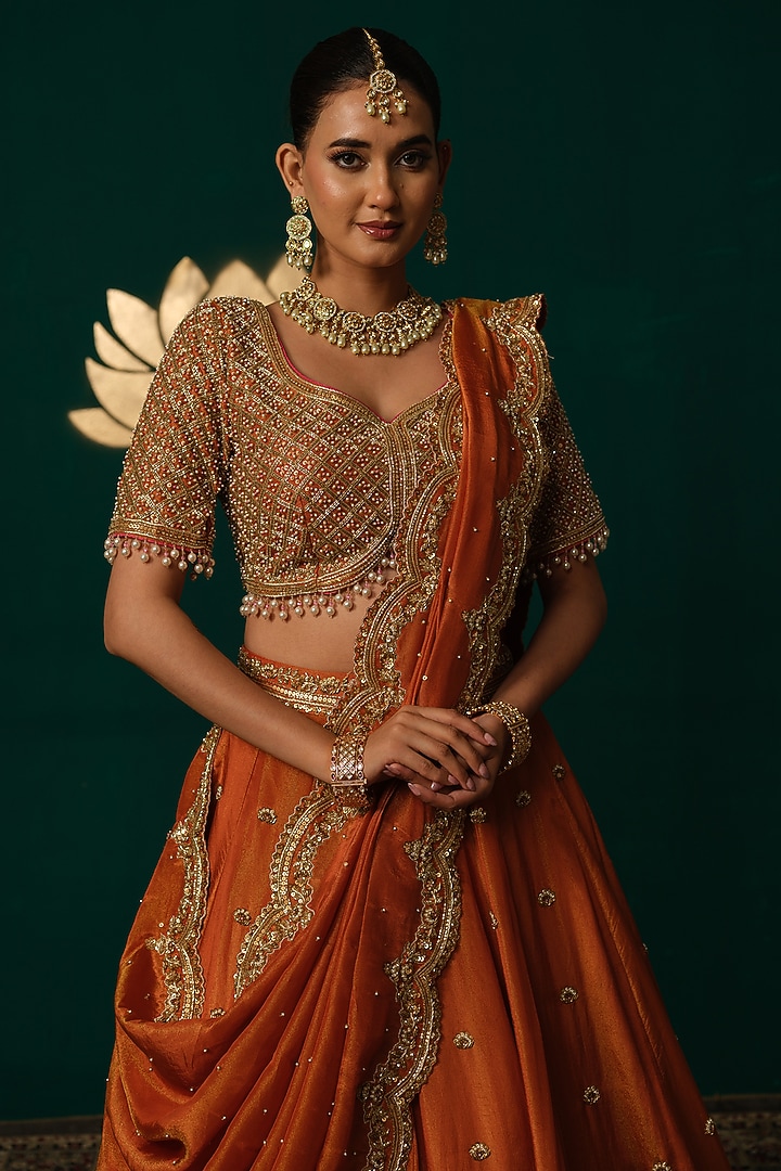Orange Shimmer Tissue Zardosi & Sequin Embellished Bridal Lehenga Set by Niloufer by Aasif Ally at Pernia's Pop Up Shop