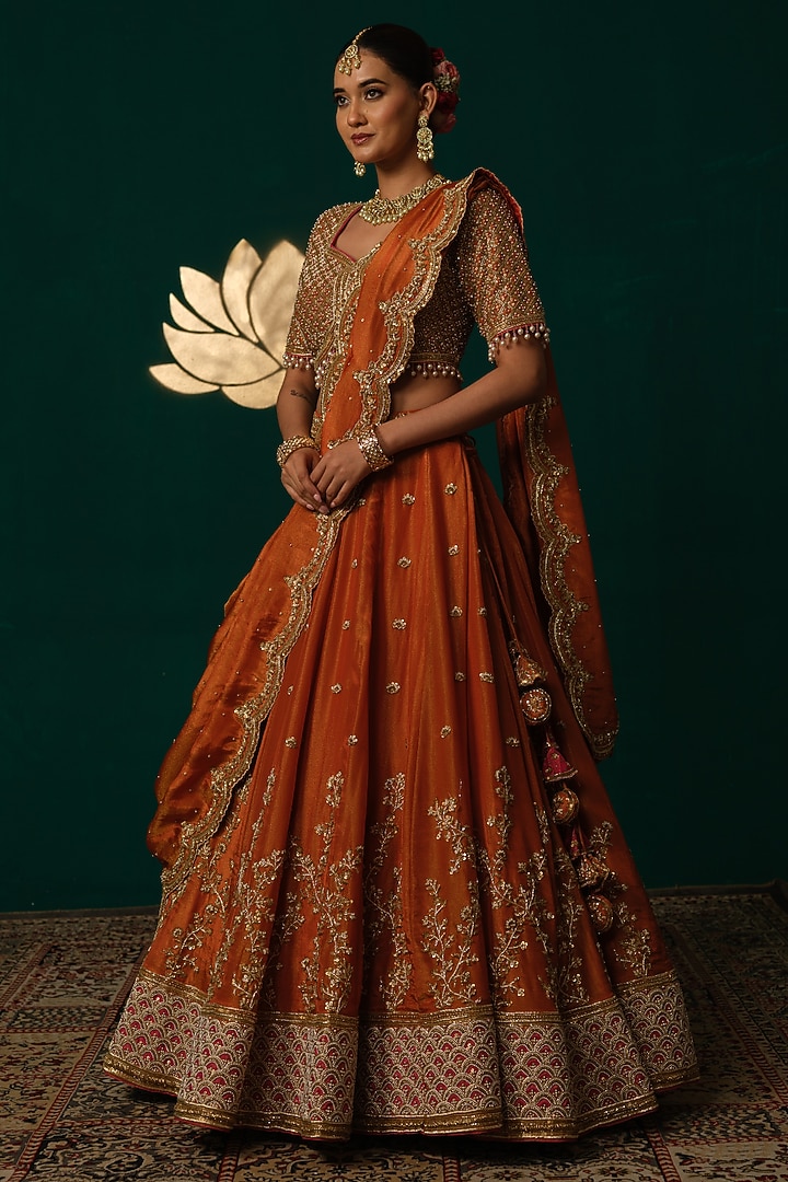 Orange Shimmer Tissue Zardosi & Sequin Embellished Bridal Lehenga Set by Niloufer by Aasif Ally at Pernia's Pop Up Shop