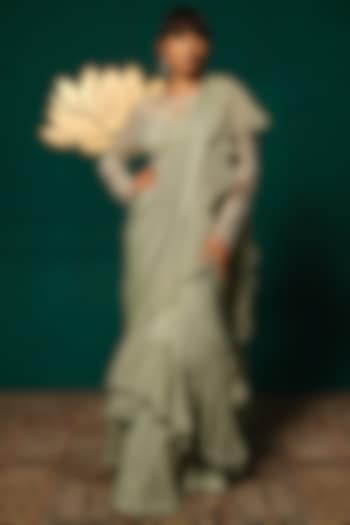 Green Chinon Ruffled Draped Wedding Saree Set by Niloufer by Aasif Ally at Pernia's Pop Up Shop