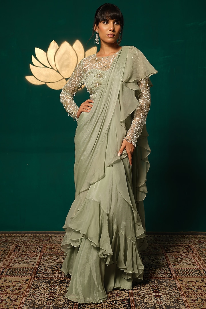Green Chinon Ruffled Draped Wedding Saree Set by Niloufer by Aasif Ally at Pernia's Pop Up Shop