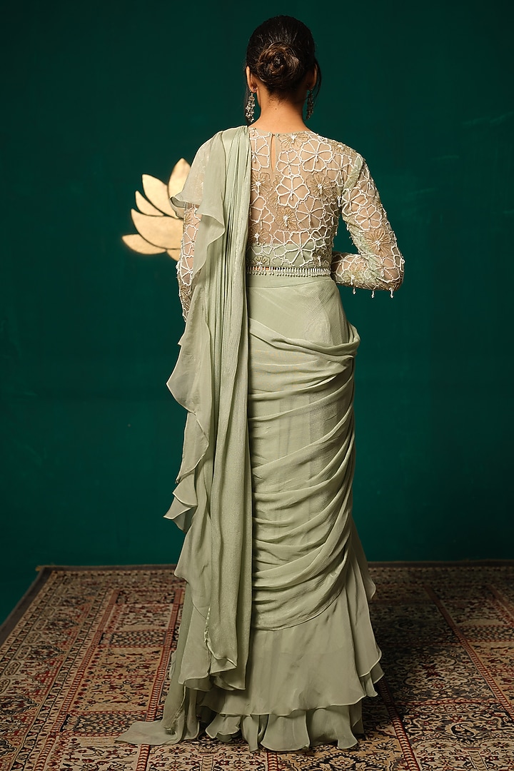 Green Chinon Ruffled Draped Wedding Saree Set by Niloufer by Aasif Ally at Pernia's Pop Up Shop
