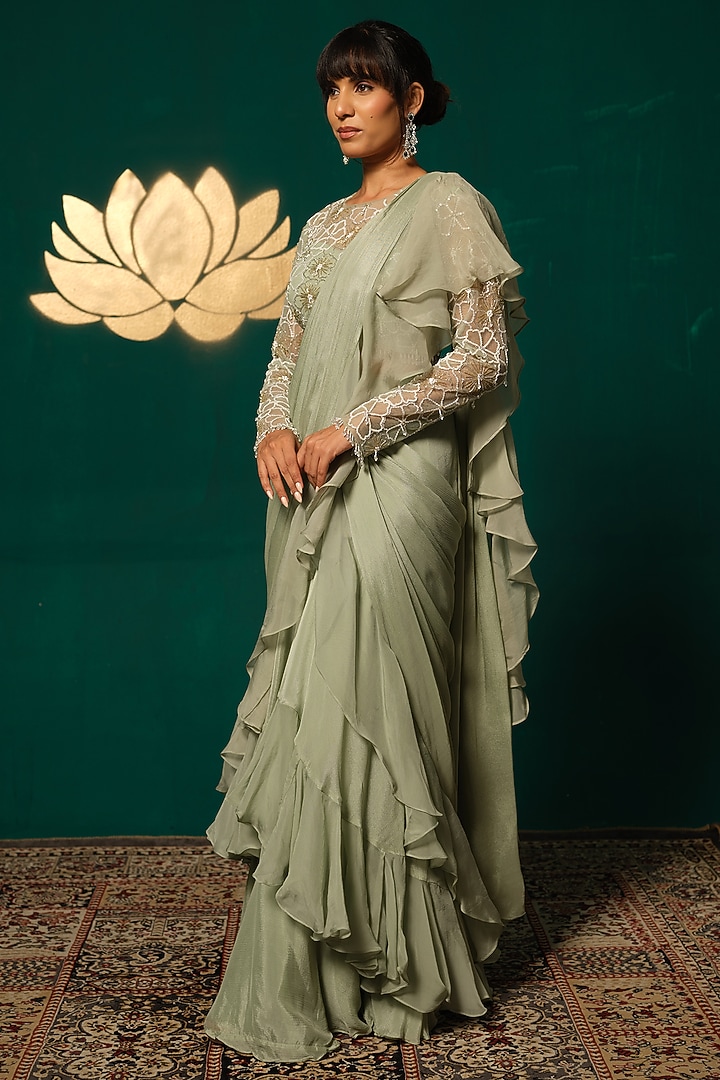 Green Chinon Ruffled Draped Wedding Saree Set by Niloufer by Aasif Ally at Pernia's Pop Up Shop