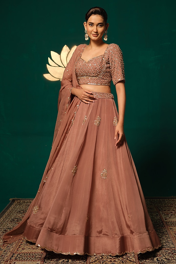 Brown Chinon Wedding Lehenga Set by Niloufer by Aasif Ally at Pernia's Pop Up Shop