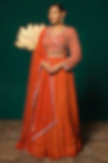 Orange Chinon Wedding Lehenga Set by Niloufer by Aasif Ally at Pernia's Pop Up Shop