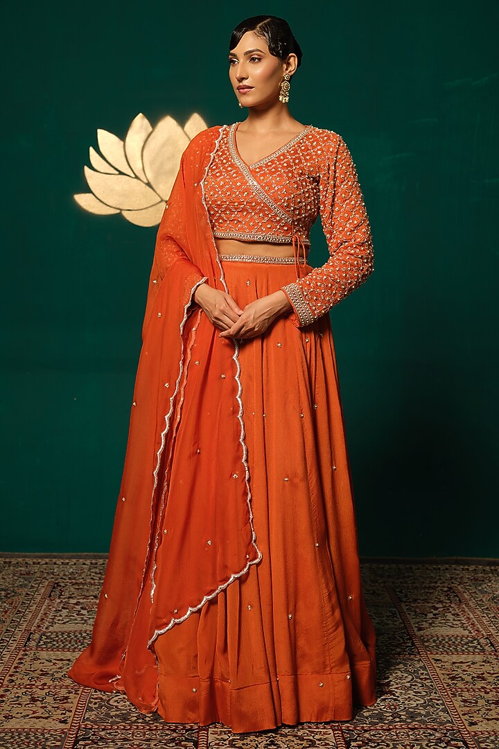 Orange Chinon Wedding Lehenga Set by Niloufer by Aasif Ally at Pernia's Pop Up Shop