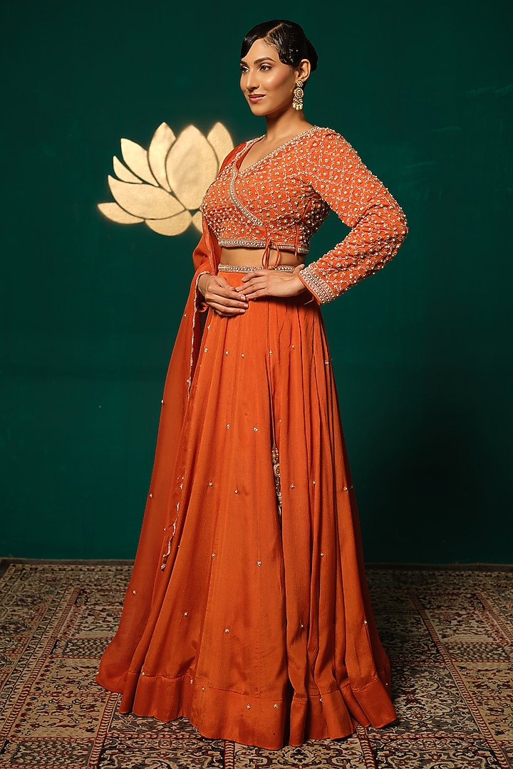 Orange Chinon Wedding Lehenga Set by Niloufer by Aasif Ally at Pernia's Pop Up Shop