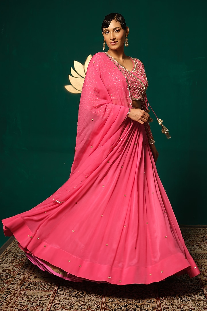 Pink Chinon Wedding Lehenga Set by Niloufer by Aasif Ally at Pernia's Pop Up Shop
