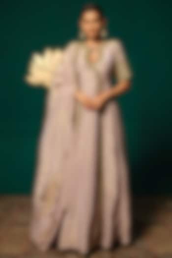 Purple Shimmer Tissue Zardosi Embroidered Angrakha Wedding Anarkali Set by Niloufer by Aasif Ally at Pernia's Pop Up Shop