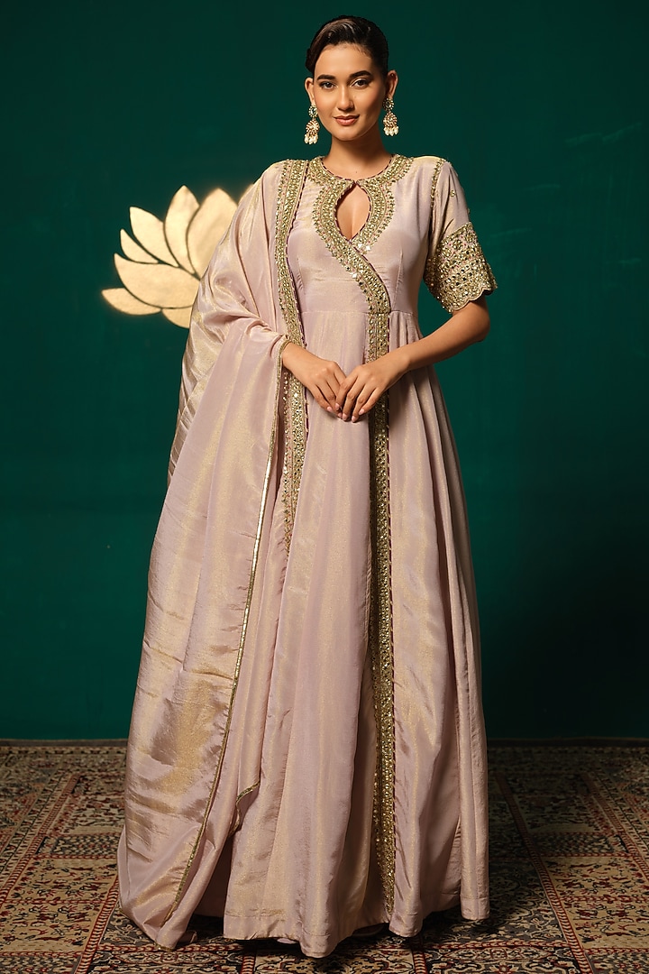 Purple Shimmer Tissue Zardosi Embroidered Angrakha Wedding Anarkali Set by Niloufer by Aasif Ally at Pernia's Pop Up Shop